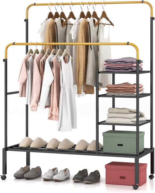 Stand Appendiabiti a Doppia Asta, con Barre Appendiabiti Regolabili in Altezza, Ripiani per Riporre e Ruote Bloccabili, Appendiabiti in Acciaio per Uso Interno ed Esterno(Nero+Oro)