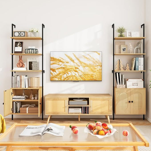 Scaffale Salvaspazio 60 x 30 x 184 cm, Libreria a 3 Livelli con Ripiano Regolabile, Struttura in Metallo, Armadietto in Rattan e Scaffale Aperto, Mobile Bagno per Soggiorno e Ufficio