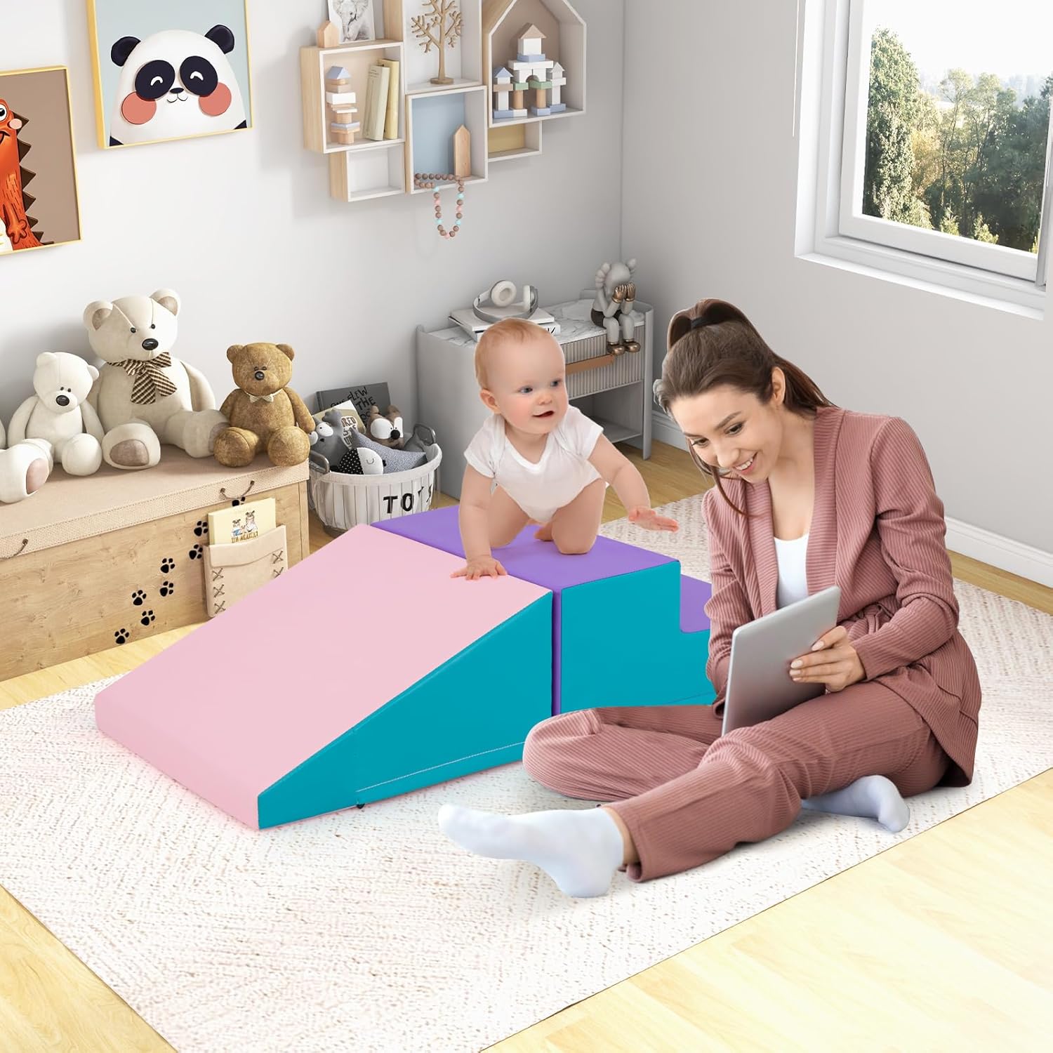 Set di 2 Blocchi per Gattonare e Arrampicare per Neonati e Bambini, Set di Blocchi di Schiuma Morbida per Gioco Attivo Interno, Set di Gioco Morbido per Sviluppo dei Bambini (Viola e rosa)