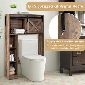 Mobile Salva Spazio Sopra WC, Organizzatore del Bagno in Legno con Porta e 3 Ripiani di Stoccaggio, per Bagno Lavanderia, 84x17x128 cm (Marrone)