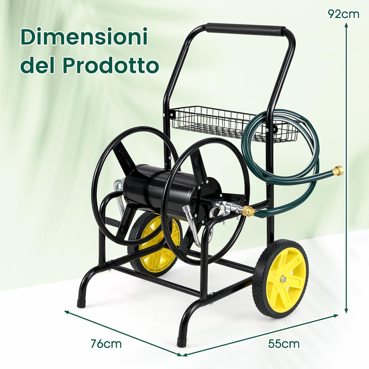 Carrello Avvolgitubo da Giardino, Capacità di 70 m per Tubi da 20 mm, Carrello per Tubo da Esterno in Metallo Robusto con 2 Ruote e Cestino Portaoggetti, per Giardino, Prato e Patio (Nero)