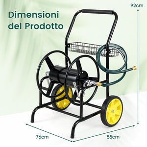 Carrello Avvolgitubo da Giardino, Capacità di 70 m per Tubi da 20 mm, Carrello per Tubo da Esterno in Metallo Robusto con 2 Ruote e Cestino Portaoggetti, per Giardino, Prato e Patio (Nero)