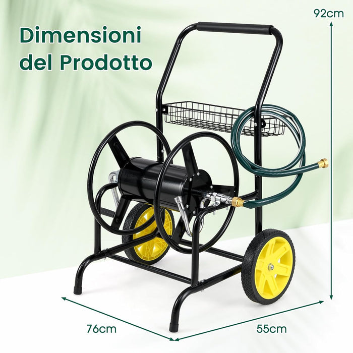 Carrello Avvolgitubo da Giardino, Capacità di 70 m per Tubi da 20 mm, Carrello per Tubo da Esterno in Metallo Robusto con 2 Ruote e Cestino Portaoggetti, per Giardino, Prato e Patio (Nero)
