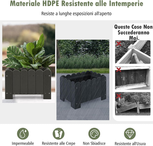 Set di 2 Fioriere in HDPE Resistente alle Intemperie con Aperture per Drenaggio, Aiuola Rialzata per Verdure, Fiori e Piante su Terrazzo, Giardino e Balcone, 45 x 32 x 30 cm (Grigio)