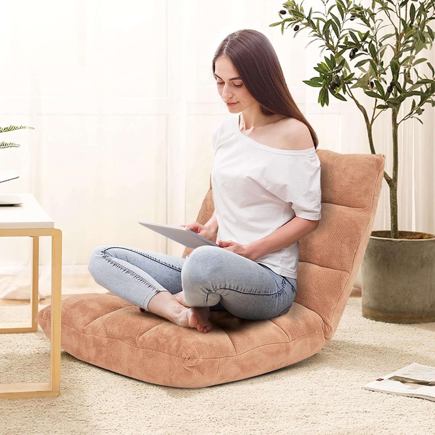 Sedia da Pavimento, Sedia Imbottita Regolabile in 14 Posizioni, Poltrona Salotto per Relax, Yoga, Lettura (Beige)