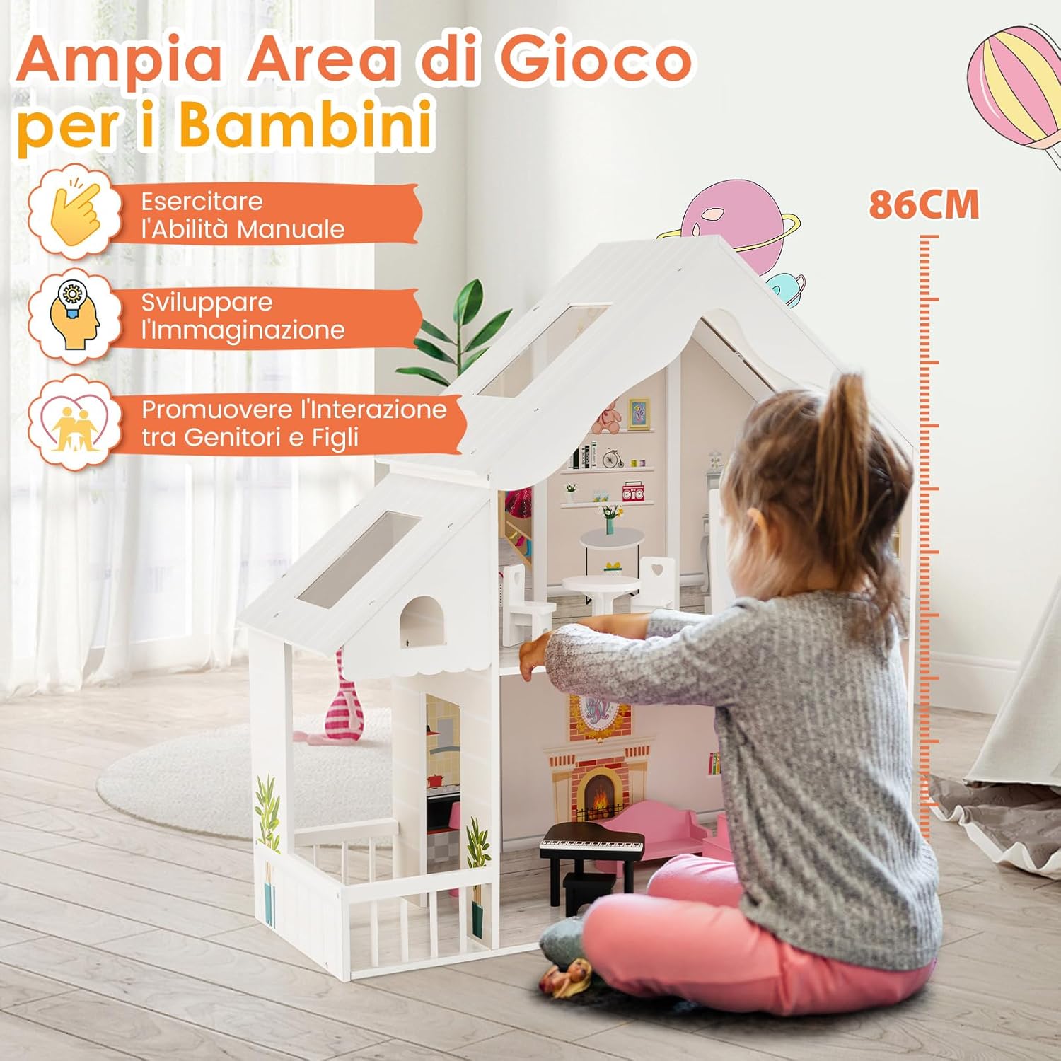 Casa delle Bambole in Legno per Bambini, Casa delle Bambole con Stanze e Set di Mobili, 2 Grandi Lucernari e Carta da Parati, per Bambini 3 Anni+, Bianco