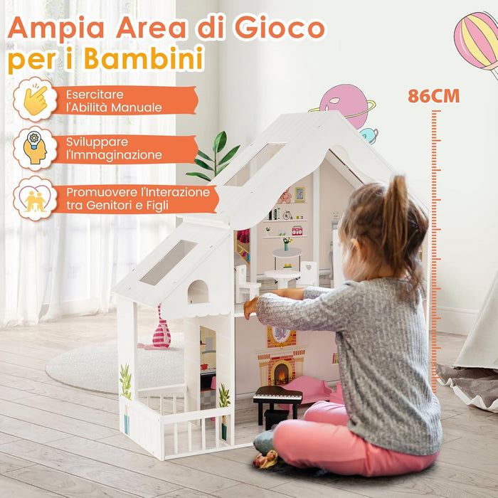 Casa delle Bambole in Legno per Bambini, Casa delle Bambole con Stanze e Set di Mobili, 2 Grandi Lucernari e Carta da Parati, per Bambini 3 Anni+, Bianco