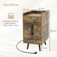 Comodino con Stazione di Ricarica, Comodino con 2 Cassetti, 2 Porte USB e 3 Prese, Tavolino Leterale con Gambe in Metallo, Portata Tolate 20 kg, 32 x 40 x 60 cm (2, Caffè)