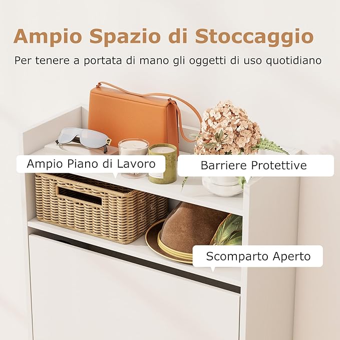 Scarpiera Slim in Legno, Portascarpe a 4 Livelli con 2 Cassetti a Ribalta, con Ripiano Aperto, Mobile Porta Scarpe per Ingresso Corridoio, 60x24x102 cm (Bianco)