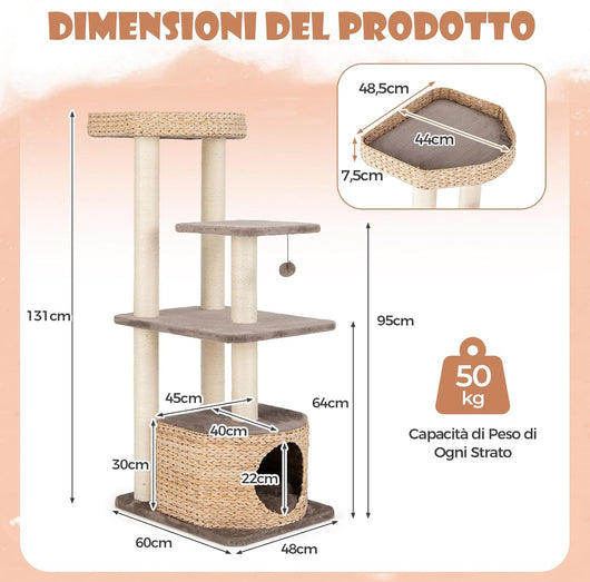 Tiragraffi 131cm, Albero per Gatti con Posti per Graffiare in Sisal, Cuccia di Velluto a Coste, Condo, Pallina Pendente e Cuscini Lavabili, Mobili per Animali Domestici, Caffè e Naturale