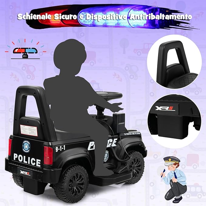 Auto Elettrica per Bambini, Auto della Polizia Giocattolo con Clacson Luce di Avvertimento e Suono della Sirena, Velocità 3 km/h, per Bambini 18-60 Mesi (Nero)