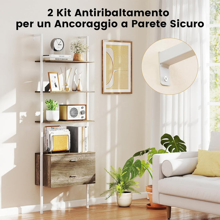 Libreria a Scala 184 cm, Scaffale da Parete a 6 Ripiani con 2 Cassetti e Struttura in Metallo, Ripiano Espositivo Aperto Moderno per Soggiorno Studio Ufficio, 60 x 30 x 184 cm (Naturale)