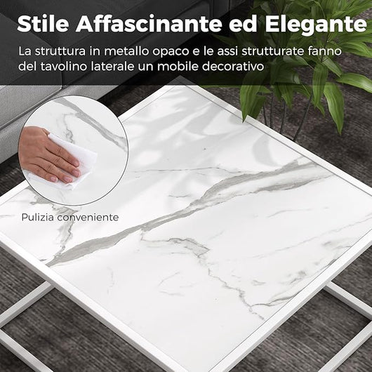 Tavolino da Salotto in Legno, Tavolino Basso con Piano in Finto Marmo e Struttura in Acciaio, Tavolino Basso per Soggiorno e Ufficio, Portata Massima 45 kg, 70 x 70 x 40 cm (Bianco)