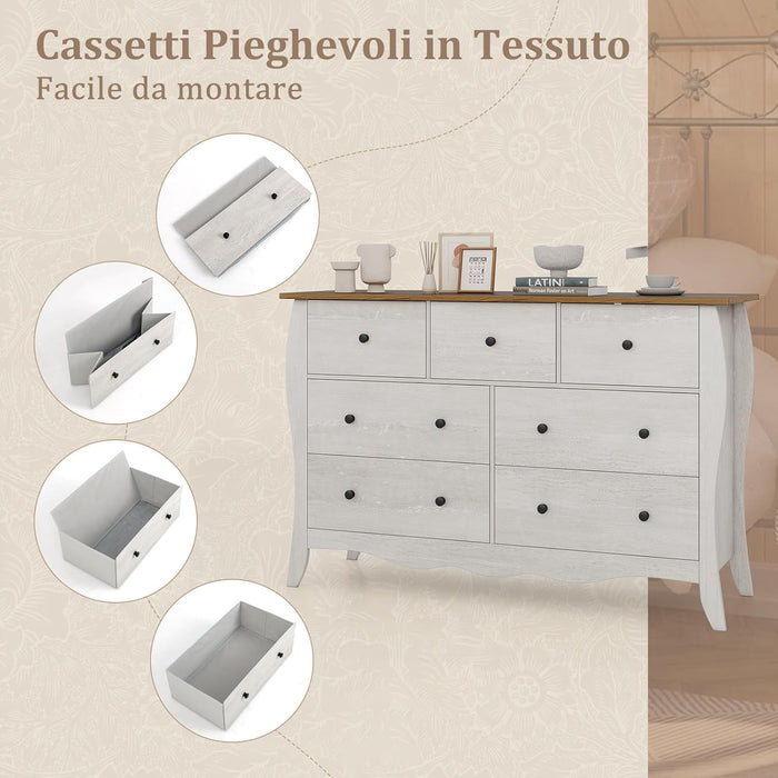 Cassettiera a 7 Cassetti in Tessuto, Cassettiera per Camera da Letto in Legno Rustico, Cassettiera Cameretta Salvaspazio per Soggiorno, Corridoio, Cucina, 120 x 38,5 x 77,5 cm (Grigio)
