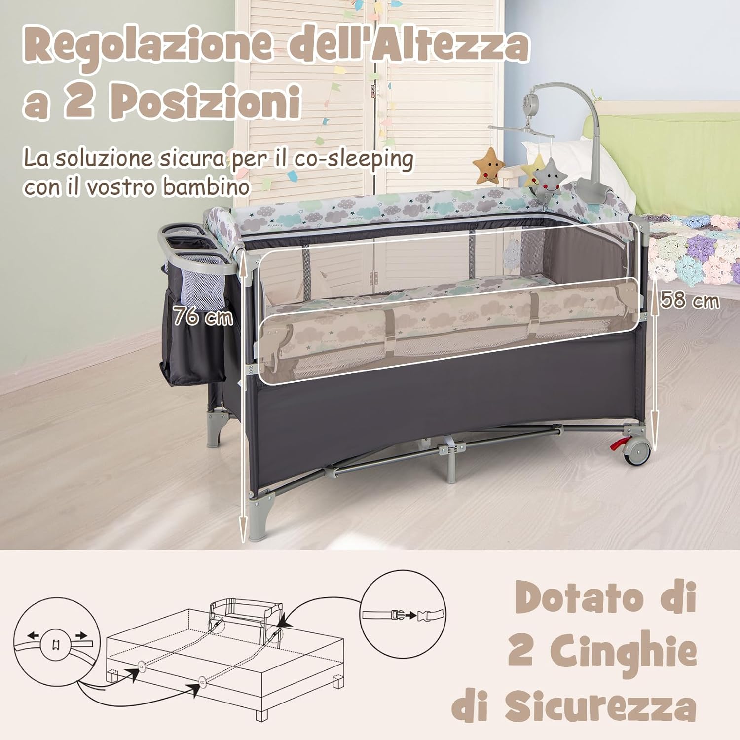 4 in 1 Lettino per Bambini con Materasso, Lettino Culla da Viaggio per Neonati, Culla Neonato con Fasciatoio, Box Portatile Pieghevole, con Ruote e Borsa, 125 x 65 x 119 cm (Grigio)