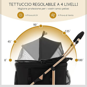 Passeggino per Cani Pieghevole 3 in 1, Carrello per Animali Domestici con Tettuccio Regolabile e Cesto, Trasportino a 4 Ruote per Cani di Piccola e Media Taglia (Nero)