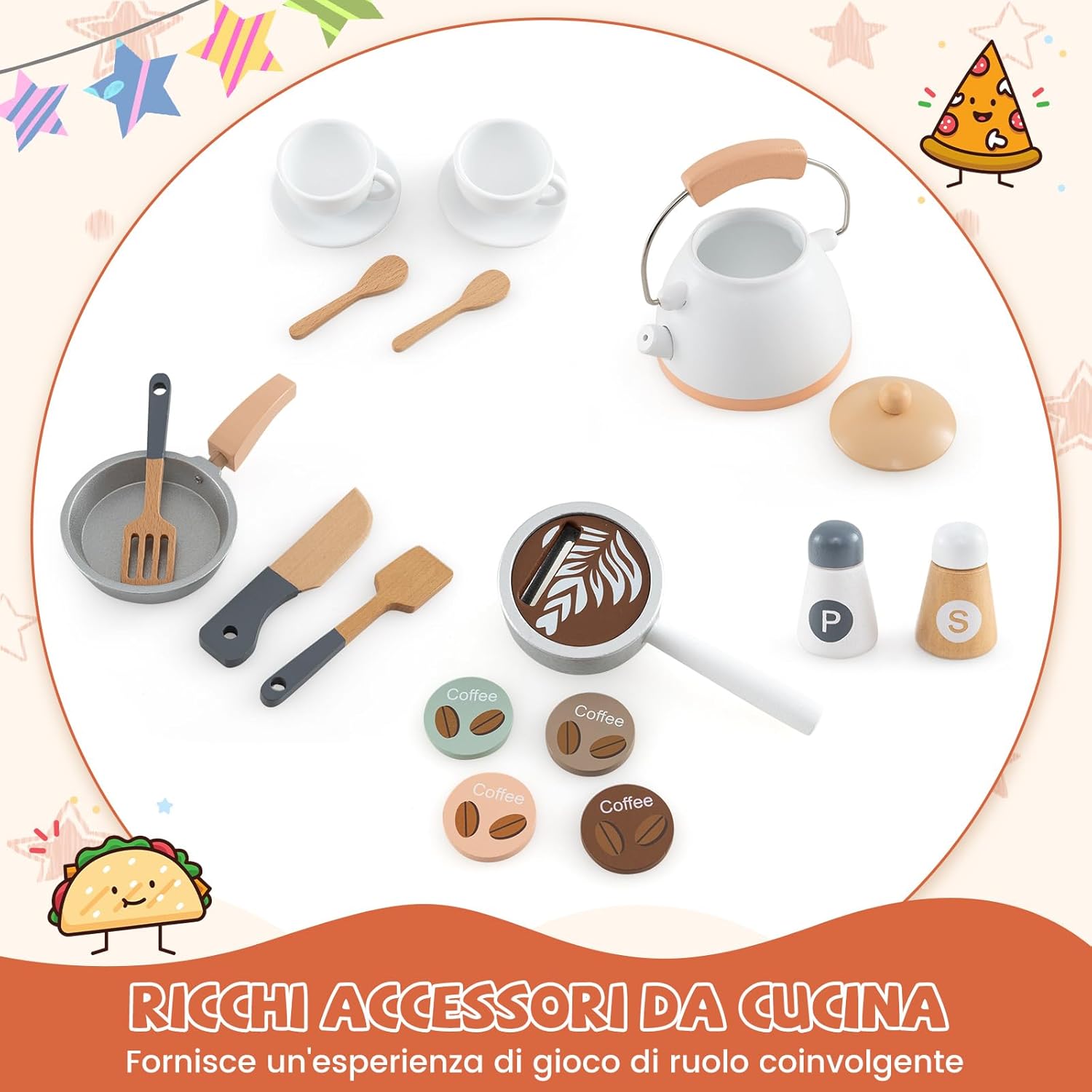 Cucina Giocattolo Angolare con Fornelli e Micronde da Suoni e Luci, Cucina per Bambini in Legno con Macchina Caffè, Lavandelo, Forno e Lavatrice, Set Cucina con Accessori (Bianco)