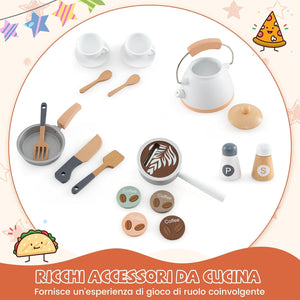 Cucina Giocattolo Angolare con Fornelli e Micronde da Suoni e Luci, Cucina per Bambini in Legno con Macchina Caffè, Lavandelo, Forno e Lavatrice, Set Cucina con Accessori (Bianco)
