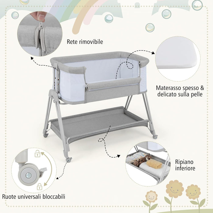 Lettino per Neonati, Culla Portatile Pieghevole con Ripiano Portaoggetti, 7 Altezze Regolabili, Materasso e Borsa per Trasporto (Grigio)