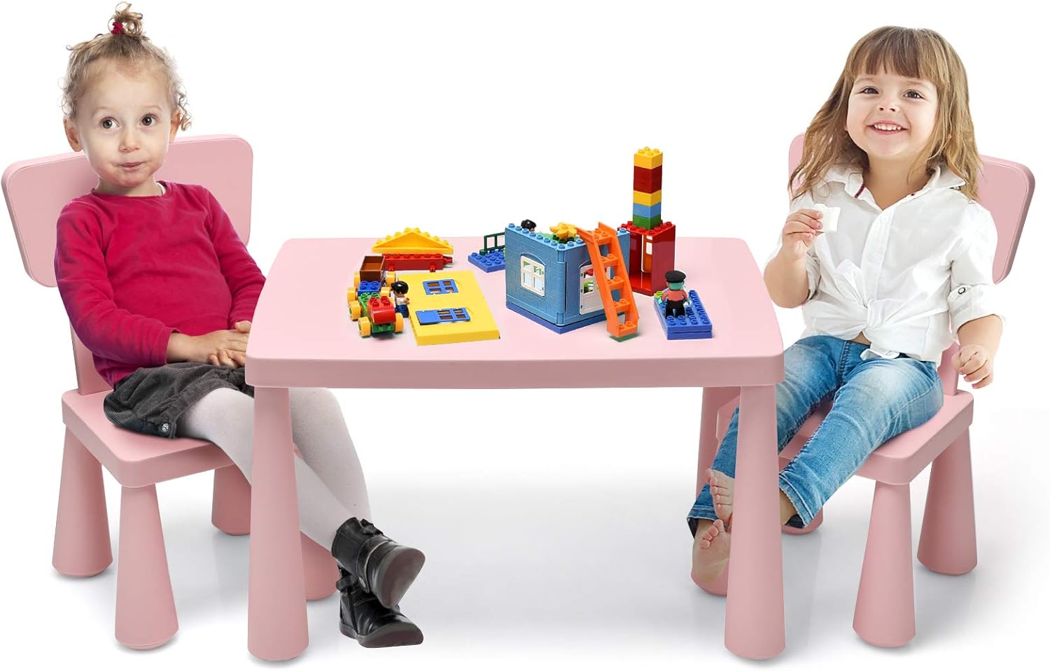 Set di Tavolo e Sedie per Bambini, Multifunzione, Tavolo e 2 Sedie da Gioco, Facile da Montare, capacità di Carico 50 kg, 76,5 x 54,5 x 49,5 cm, Rosa