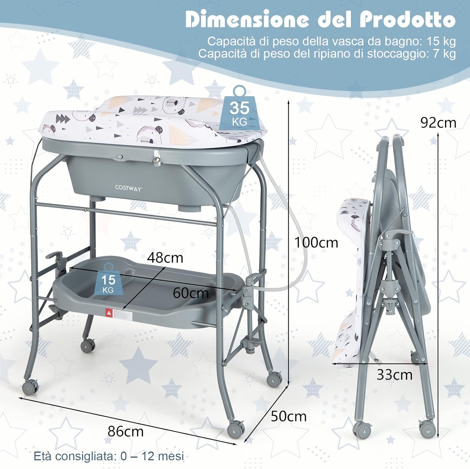 Fasciatoio con Vaschetta da Bagno per Bagnetto, Fasciatoio Pieghevole Salvaspazio con Materassino in PVC e Ruote, 0-12 Mesi fino a 11kg (Grigio)