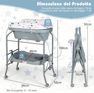 Fasciatoio con Vaschetta da Bagno per Bagnetto, Fasciatoio Pieghevole Salvaspazio con Materassino in PVC e Ruote, 0-12 Mesi fino a 11kg (Grigio)