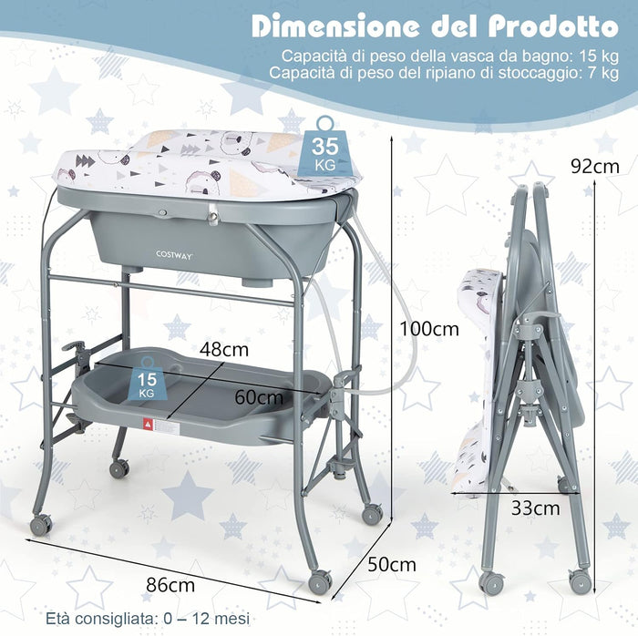 Fasciatoio con Vaschetta da Bagno per Bagnetto, Fasciatoio Pieghevole Salvaspazio con Materassino in PVC e Ruote, 0-12 Mesi fino a 11kg (Grigio)
