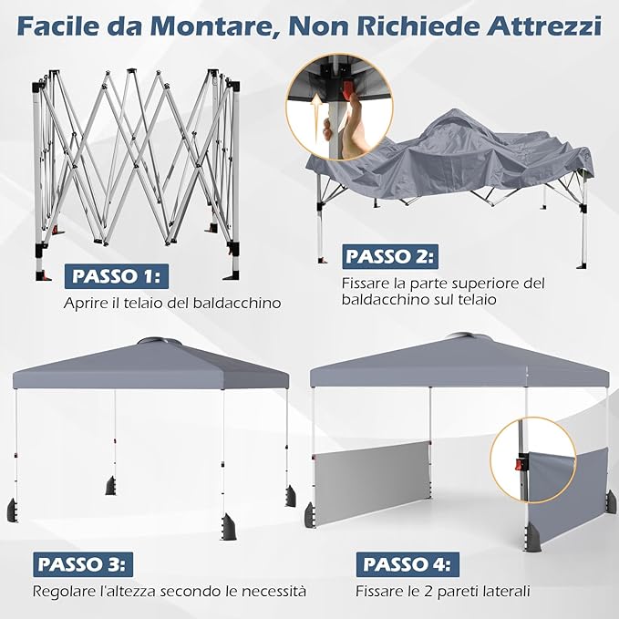 Gazebo Pieghevole 3 x 3 m da Esterno Impermeabile, Gazebo da Esterno con Borsa da Trasporto con Ruote, Tenda Pop-up Regolabile in Altezza per Giardino, Spiaggia, Feste e Barbecue (Grigio)