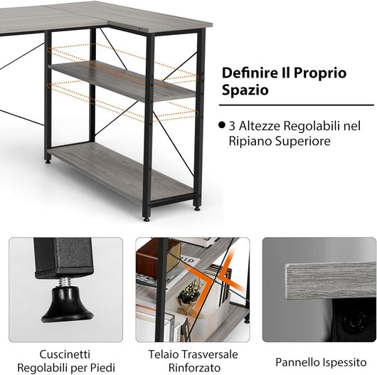 Scrivania Angolare 120 CM, Scrivania per Computer ad Angolo con 2 Ripiani, Scrivania Ufficio Reversibile Moderna con Design Salvaspazio, 120 x 88 x 74,5 cm (Grigio)