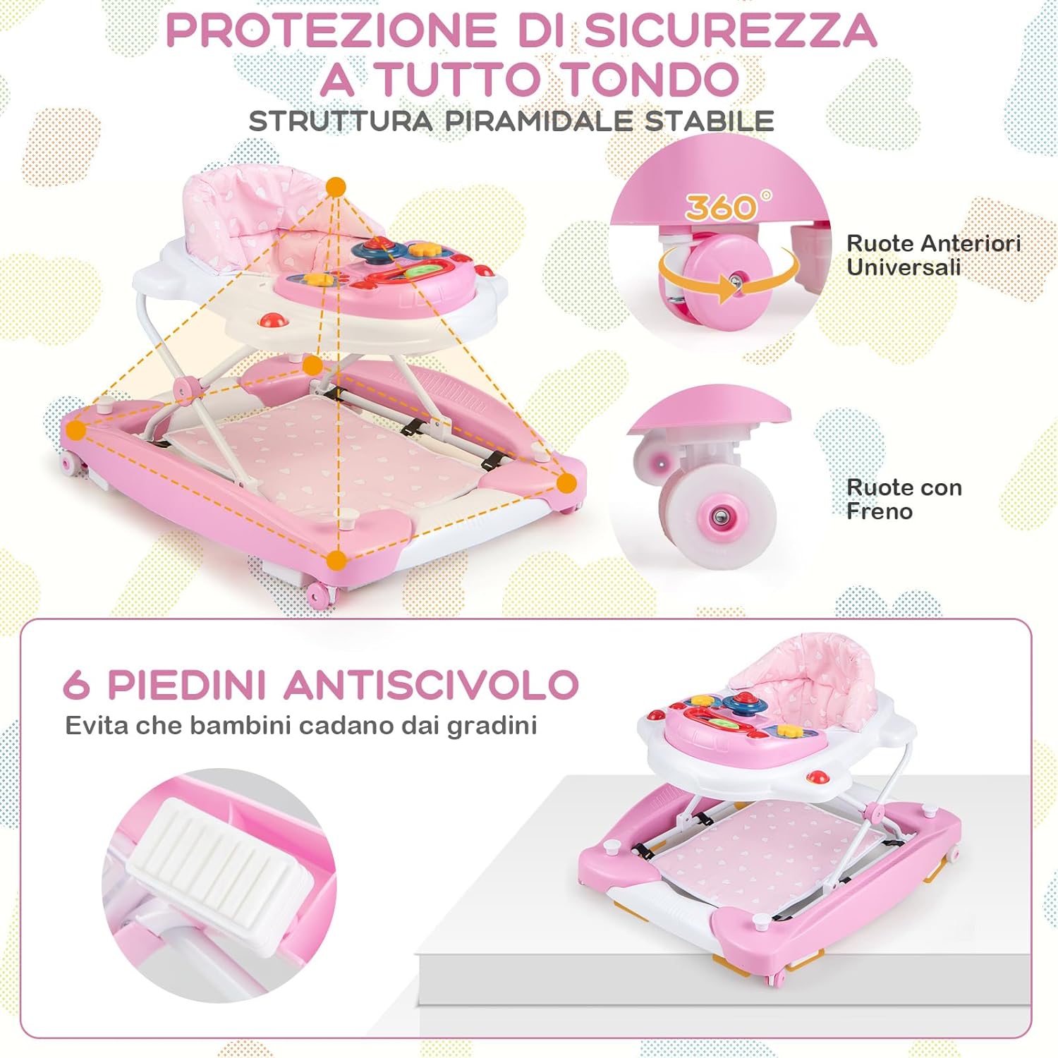 Girello per Bambini 6 in 1, Primi Passi per Neonati con Altezza Regolabile, Sedia a Dondolo per Bambini, Girello Pieghevole con Vassoio Musicale, Cuscino, per Bambini 6+ Mesi (Rosa)