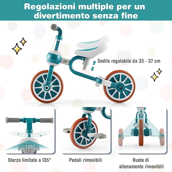 4 in 1 Triciclo per Bambini con Maniglia di Spinta, Triciclo per Bambini Bicicletta Equilibrio con Maniglia, Sedile Regolabili e Pedali Rimovibili, per 2-4 anni (Verde)