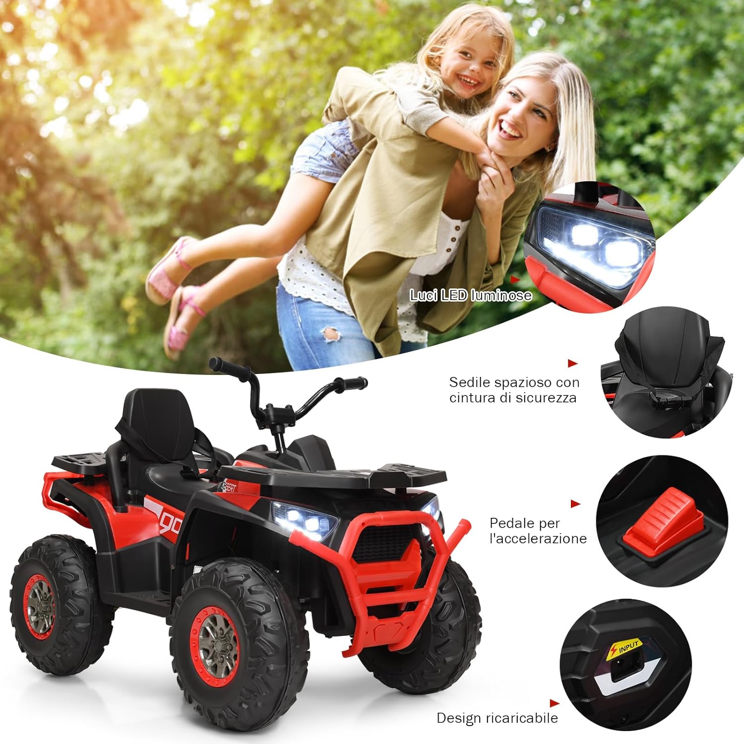 12 V Quad Elettrico per Bambini, Auto Elettrica Cavalcabile con Luci LED e Musica, Velocità fino a 8 km/h, per Bambini 3+ anni (Rosso)