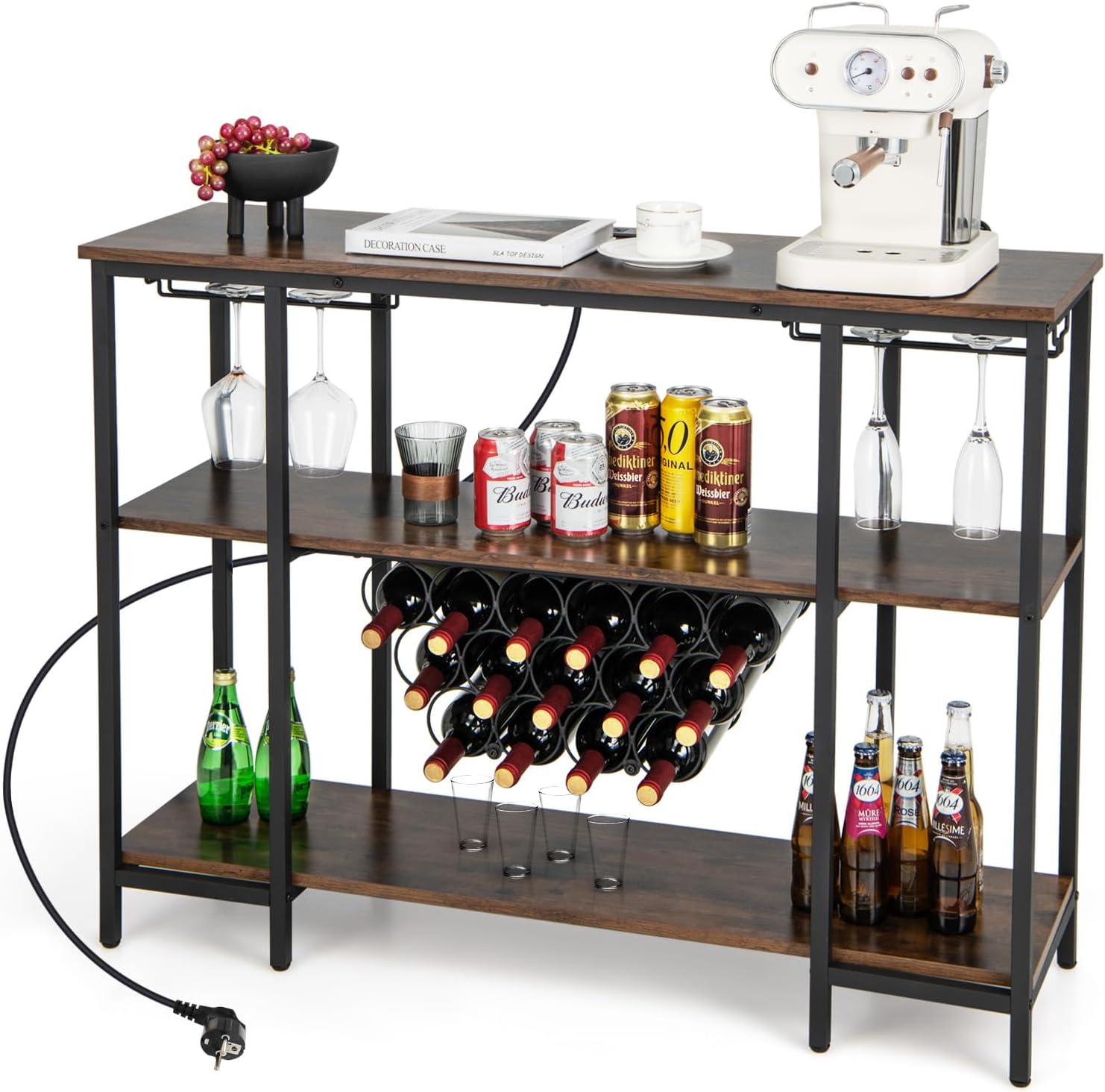 Mobile Bar Vino, Portabottiglie Industriale con 3 Ripiani, Porta Calici, Porte USB e Prese, Mobile Portabottiglie di Vino con Struttura in Metallo, 113 x 35 x 85 cm (Marrone)