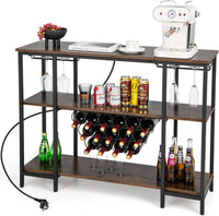 Mobile Bar Vino, Portabottiglie Industriale con 3 Ripiani, Porta Calici, Porte USB e Prese, Mobile Portabottiglie di Vino con Struttura in Metallo, 113 x 35 x 85 cm (Marrone)