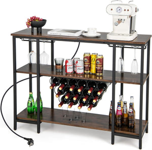Mobile Bar Vino, Portabottiglie Industriale con 3 Ripiani, Porta Calici, Porte USB e Prese, Mobile Portabottiglie di Vino con Struttura in Metallo, 113 x 35 x 85 cm (Marrone)