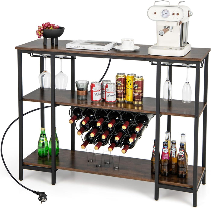 Mobile Bar Vino, Portabottiglie Industriale con 3 Ripiani, Porta Calici, Porte USB e Prese, Mobile Portabottiglie di Vino con Struttura in Metallo, 113 x 35 x 85 cm (Marrone)
