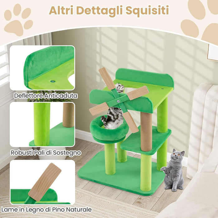 Tiragraffi a Forma di Mulino a Vento, Albero per Gatti con Lettino, Imbottitura Rotonda e Piattaforma Superiore con Paratie Anticaduta, Torre per Animali Domestici Interno, Verde e Naturale