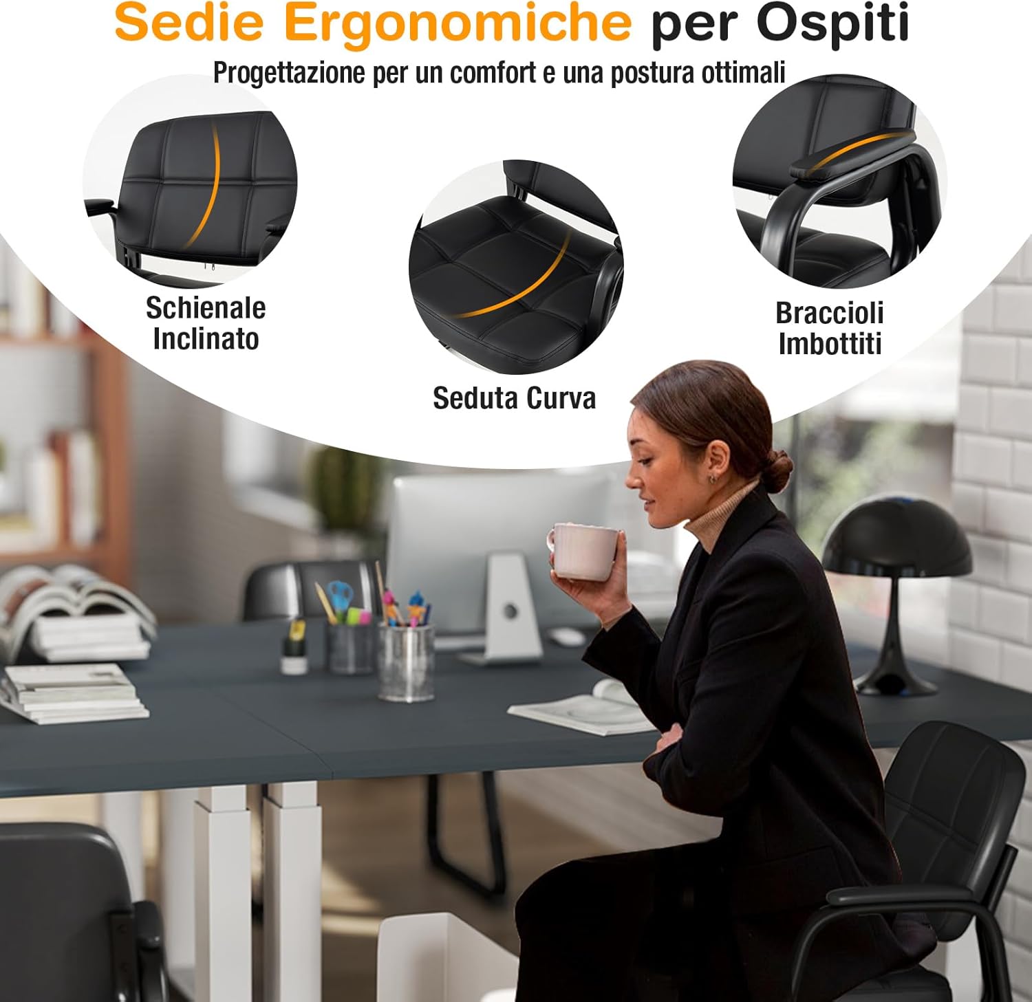 Set di 2 Sedie per Ospiti, Poltrona in Pelle Artificiale con Struttura in Metallo e Braccioli Imbottiti, Sedia da Ufficio Moderna per Sala Conferenze, Portata 120 kg