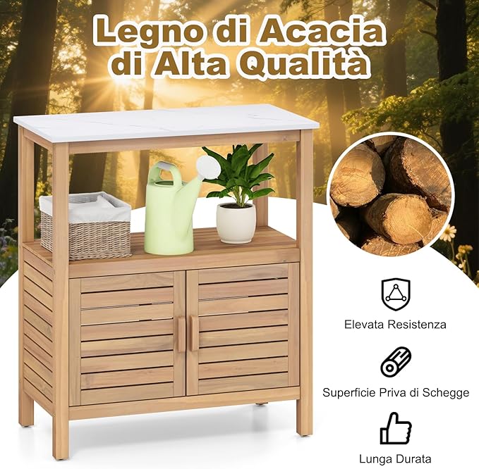 Mobile Buffet per Esterni in Legno di Acacia, Banco da Giardinaggio con Piano in Resina, Scaffale e Armadio e con Porte a Persiana, 80 x 40 x 90,5 cm