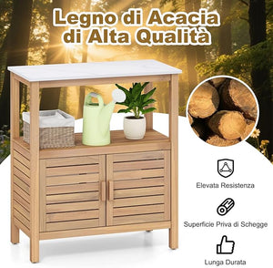 Mobile Buffet per Esterni in Legno di Acacia, Banco da Giardinaggio con Piano in Resina, Scaffale e Armadio e con Porte a Persiana, 80 x 40 x 90,5 cm