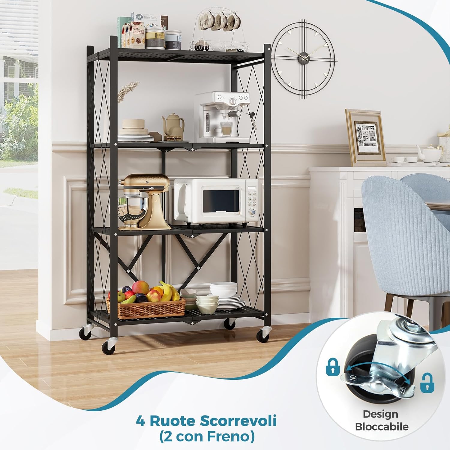 Scaffale di Stoccaggio Pieghevole a 4 Livelli, Carrello di Stoccaggio con Ruote Bloccabili, Unità di Ripiano in Metallo Robusta per Cucina Soggiorno Garage, 71x34x126 cm