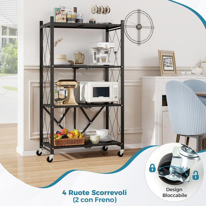 Scaffale di Stoccaggio Pieghevole a 4 Livelli, Carrello di Stoccaggio con Ruote Bloccabili, Unità di Ripiano in Metallo Robusta per Cucina Soggiorno Garage, 71x34x126 cm