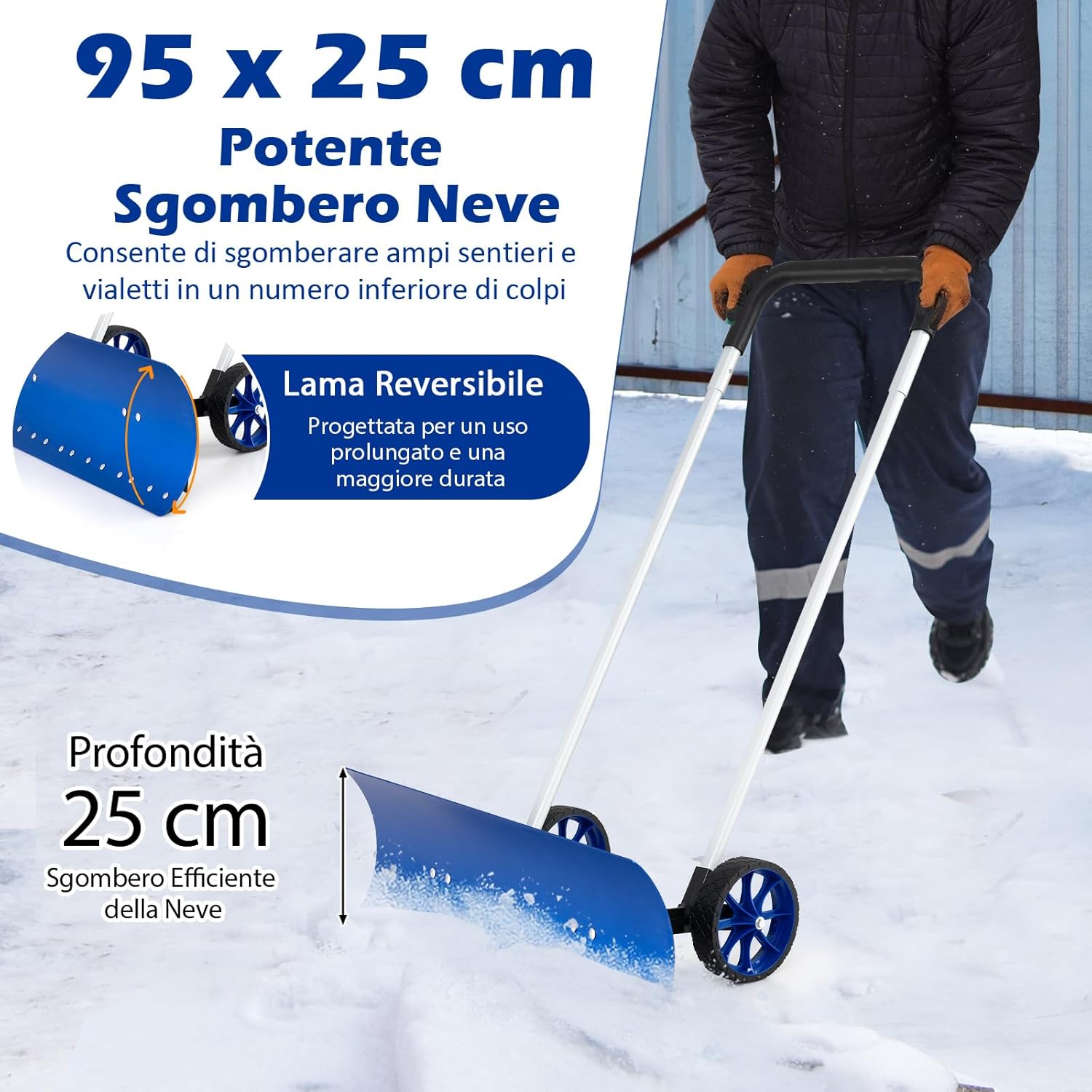 Pala da Neve con Ruote con Lama da 95 cm Angolata, Spazzaneve in Alluminio Manico Regolabile a 90Â° a Forma di U, Spala Neve Manuale per Ingresso, Marciapiedi e Vialetto