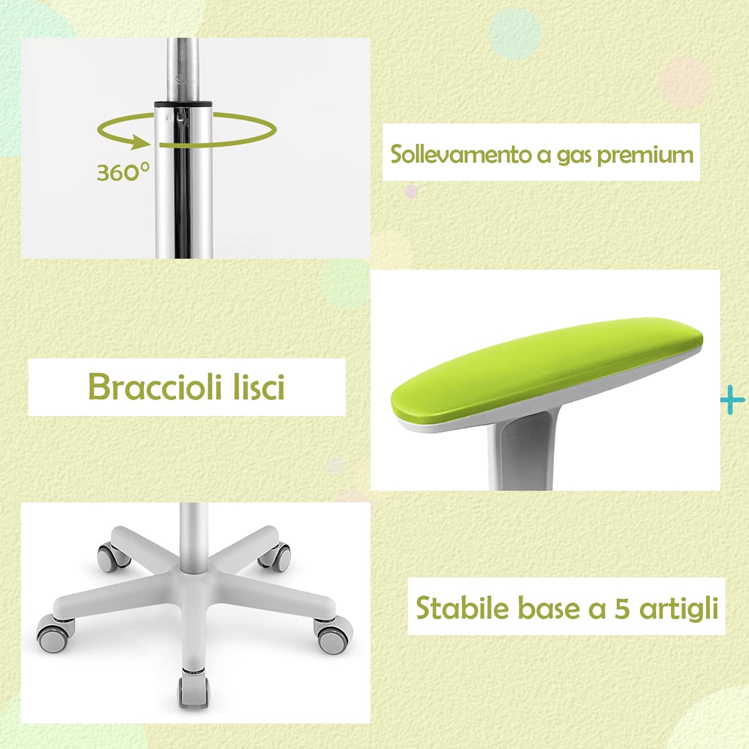 Sedia per Scrivania per Bambini, Sedia per Computer per Bambini con Altezza Regolabile, Ruote con Freni, Sedile Girevole a Rete, Sedia Ergonomica per Bambini 3-10 Anni (Verde)