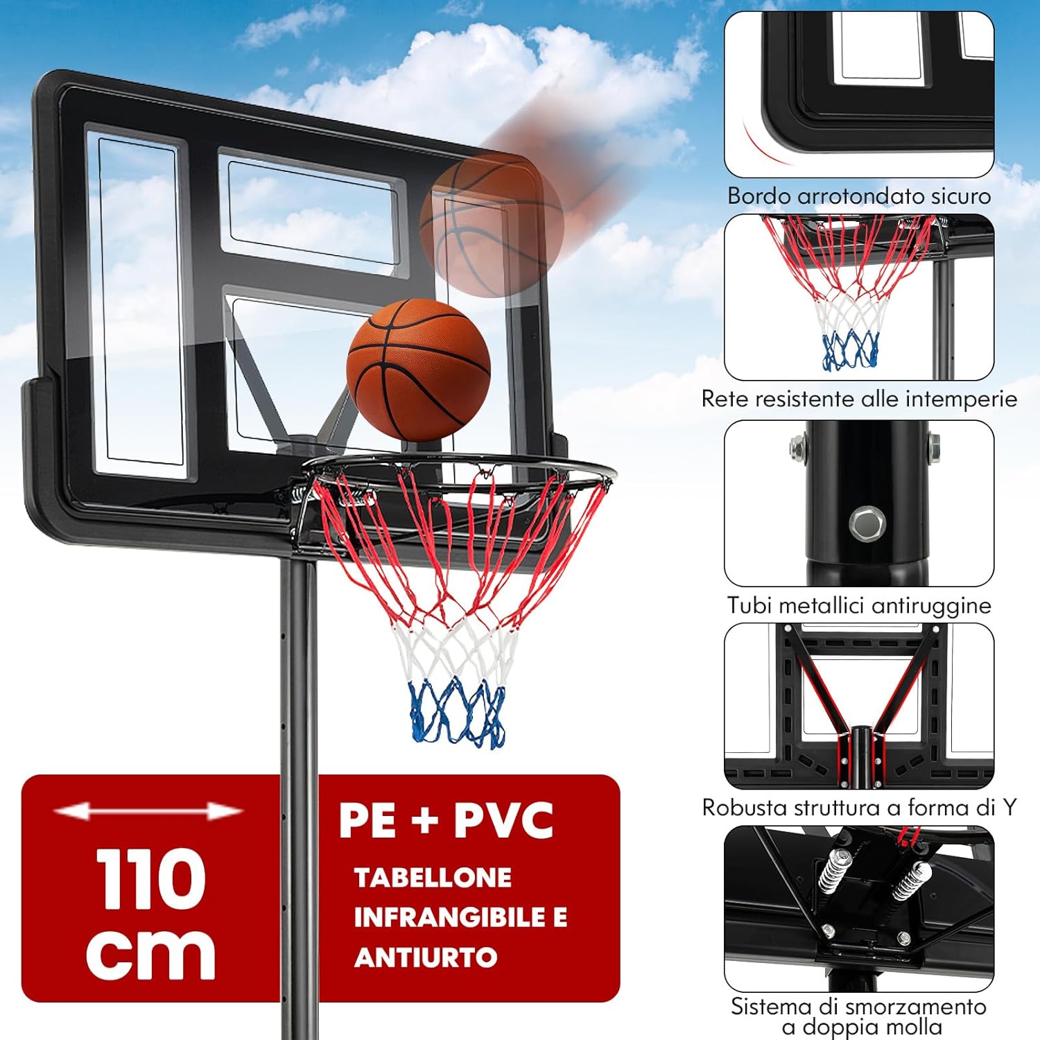 Canestro da Basket Regolabile in Altezza 130-305 cm, Resistente alle Intemperie con Tabellone da 110 cm, Canestro da Basket da Esterno ed Interno per Adulti e Adolescenti