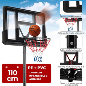Canestro da Basket Regolabile in Altezza 130-305 cm, Resistente alle Intemperie con Tabellone da 110 cm, Canestro da Basket da Esterno ed Interno per Adulti e Adolescenti