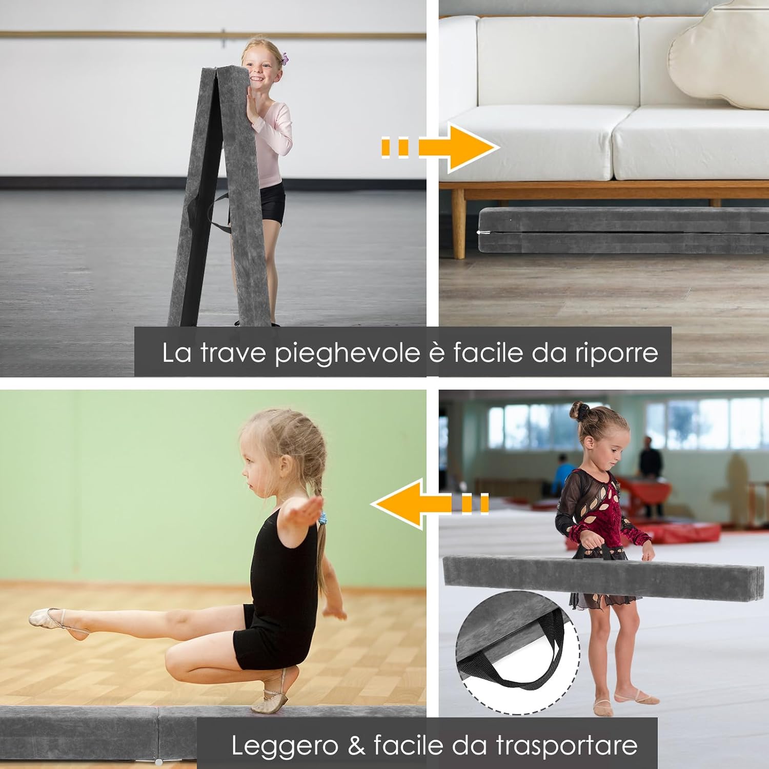 Trave Ginnastica Artistica per Casa 210/240 cm, Trave Pieghevole per Bambini con Maniglia, Base in Legno e Fondo Antiscivolo, Trave di Equilibrio da Pavimento