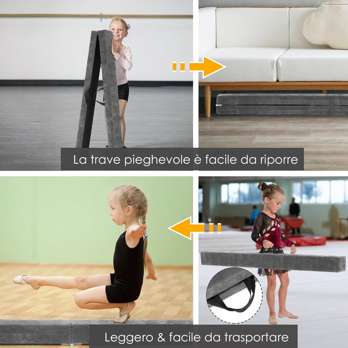 Trave Ginnastica Artistica per Casa 210/240 cm, Trave Pieghevole per Bambini con Maniglia, Base in Legno e Fondo Antiscivolo, Trave di Equilibrio da Pavimento