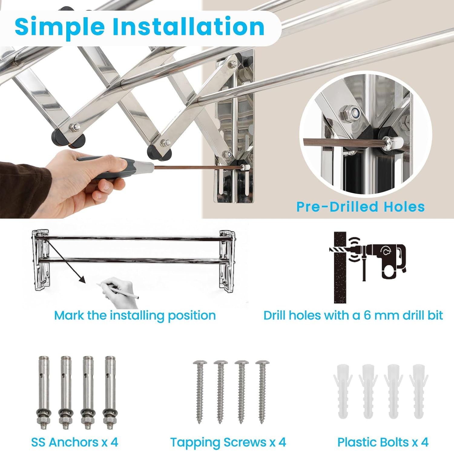 Stendibiancheria da Parete con 8 Aste in Acciaio Inox, Stendino da Parete per Bagno/Lavanderia, Stendino a Muro Richiudibile e Salvaspazio, Argento (50-86 x 63 x 22 cm)