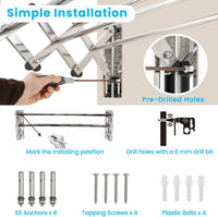 Stendibiancheria da Parete con 8 Aste in Acciaio Inox, Stendino da Parete per Bagno/Lavanderia, Stendino a Muro Richiudibile e Salvaspazio, Argento (50-86 x 63 x 22 cm)